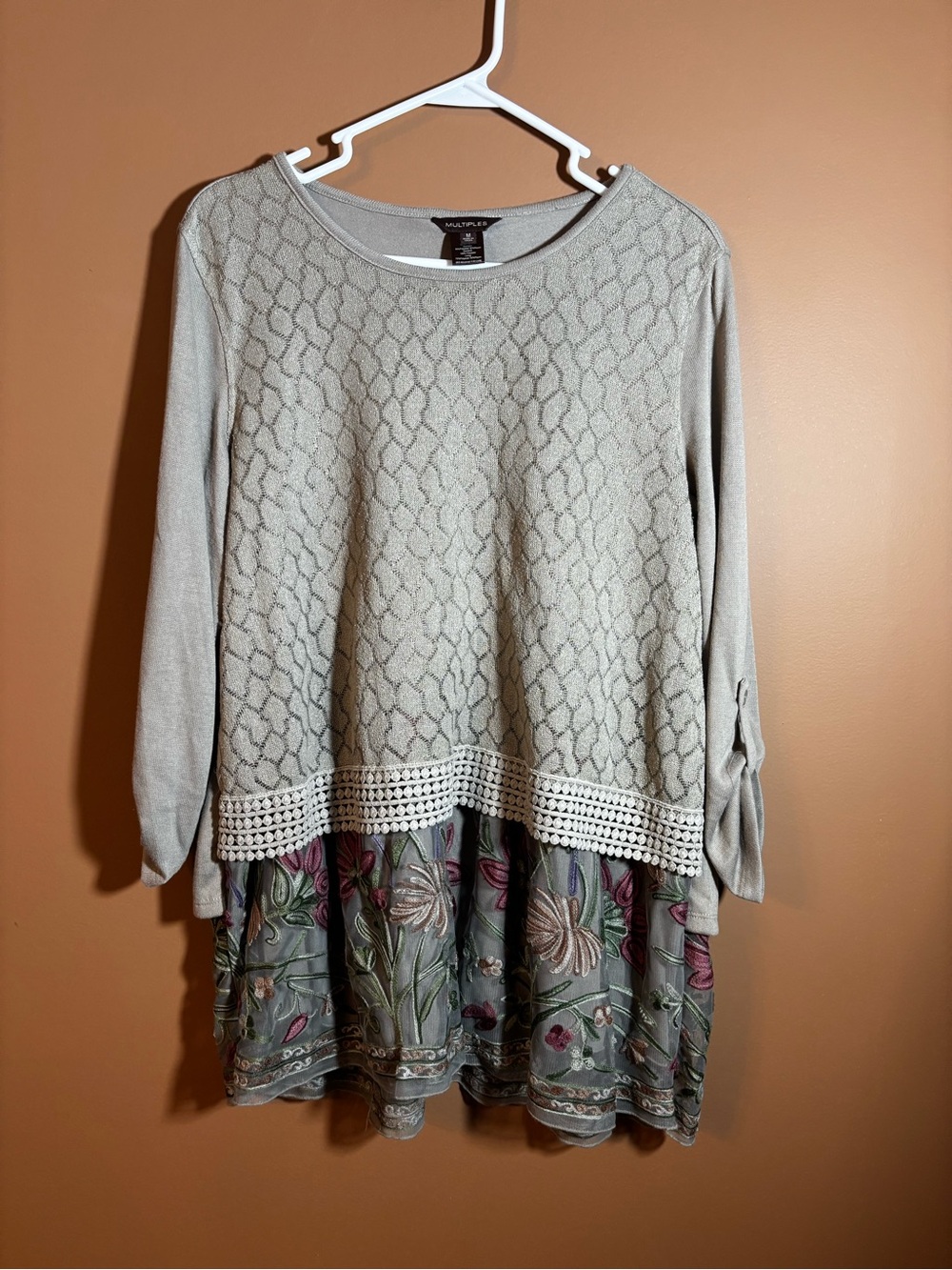 Multiples M Light Gray Knit Tunic with Floral Chiffon Hem